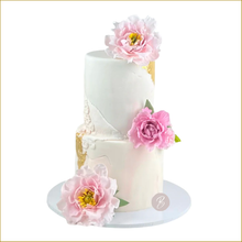 Load image into Gallery viewer, Gold &amp; Pink Peony Sugar Flowers Intimate Wedding Cake