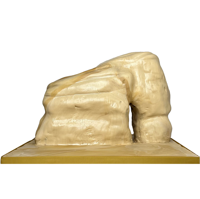 Hand-sculpted cake inspired by the AlUla Elephant Rock landmark, featuring carved stone textures and layered rock form. Carved sponge with ganache and sugar modelling. Luxury sculptural celebration cake.