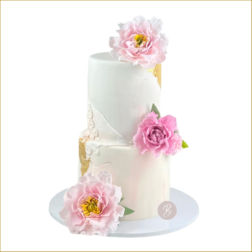 Gold & Pink Peony Sugar Flowers Intimate Wedding Cake