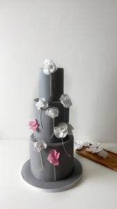 Grey Celebration Cake with White & Pink Wafer Paper Flowers