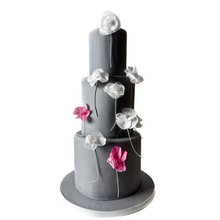 Load image into Gallery viewer, Grey Celebration Cake with White &amp; Pink Wafer Paper Flowers