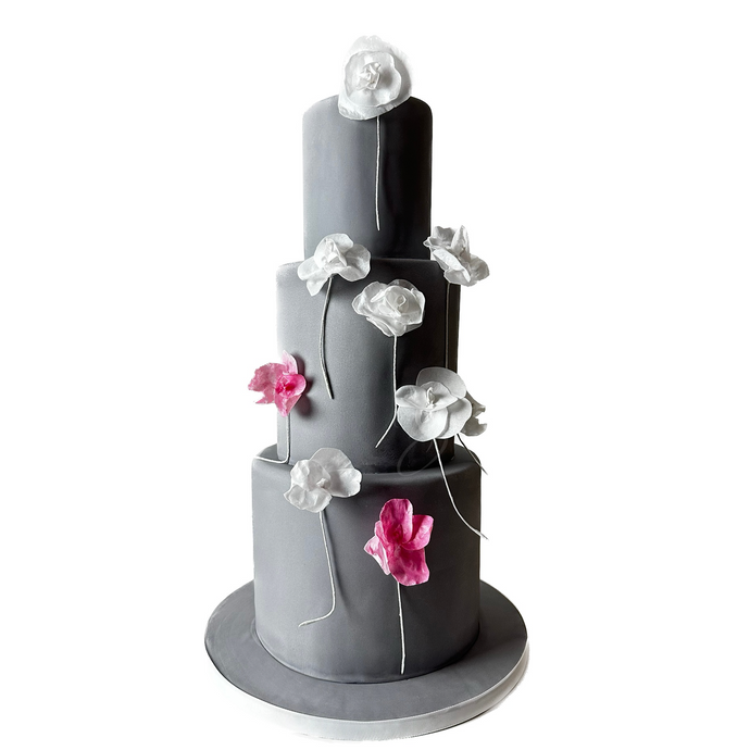 Grey Celebration Cake with White & Pink Wafer Paper Flowers