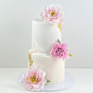 Gold & Pink Peony Sugar Flowers Intimate Wedding Cake
